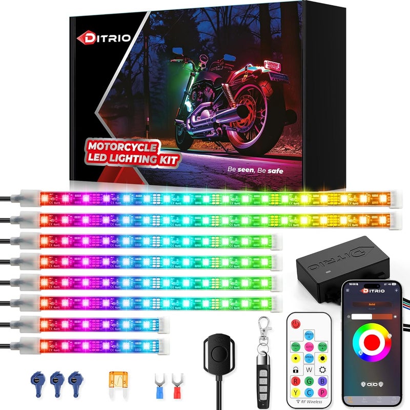 DITRIO 8PCS Motorcycle Led Lights with Brake Turn Signal,Underglow Light Kits with APP/RF Remote Control, Dual Zone,Waterproof,12V Pixelglow Led RGB Lights for Motorcycles, Golf Carts, ATVs, UTVs - Image 1
